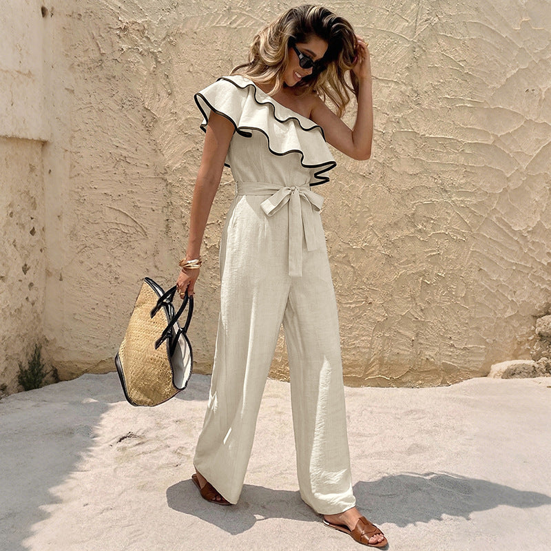 Women One Shoulder Ruffle Jumpsuit Wide Leg High Waist Tie Waist
