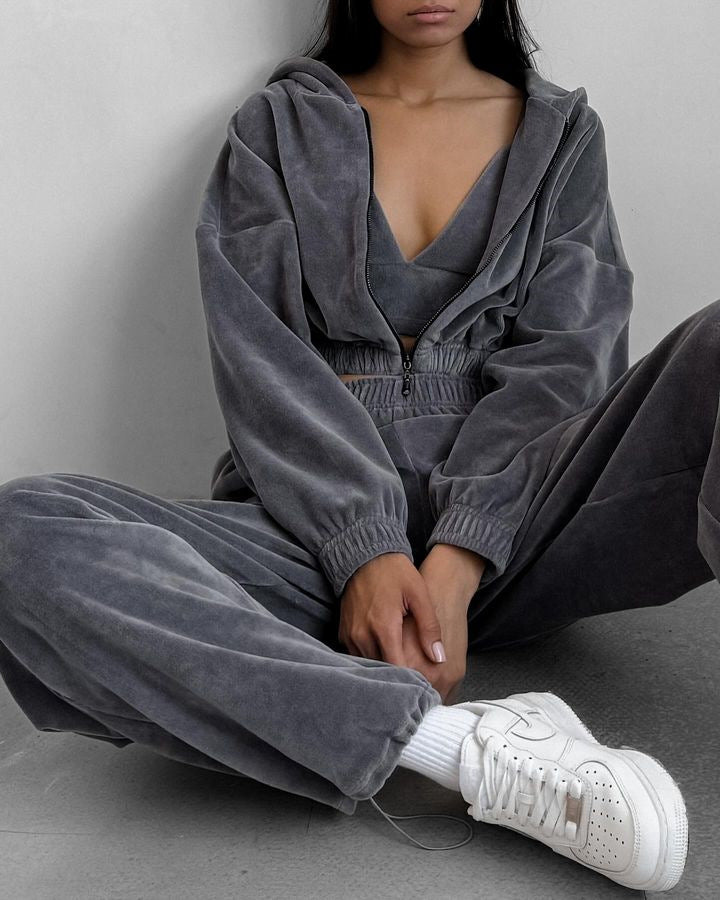 Womens Velvet 2 Piece Set Zip Hoodie Wide Leg Pants