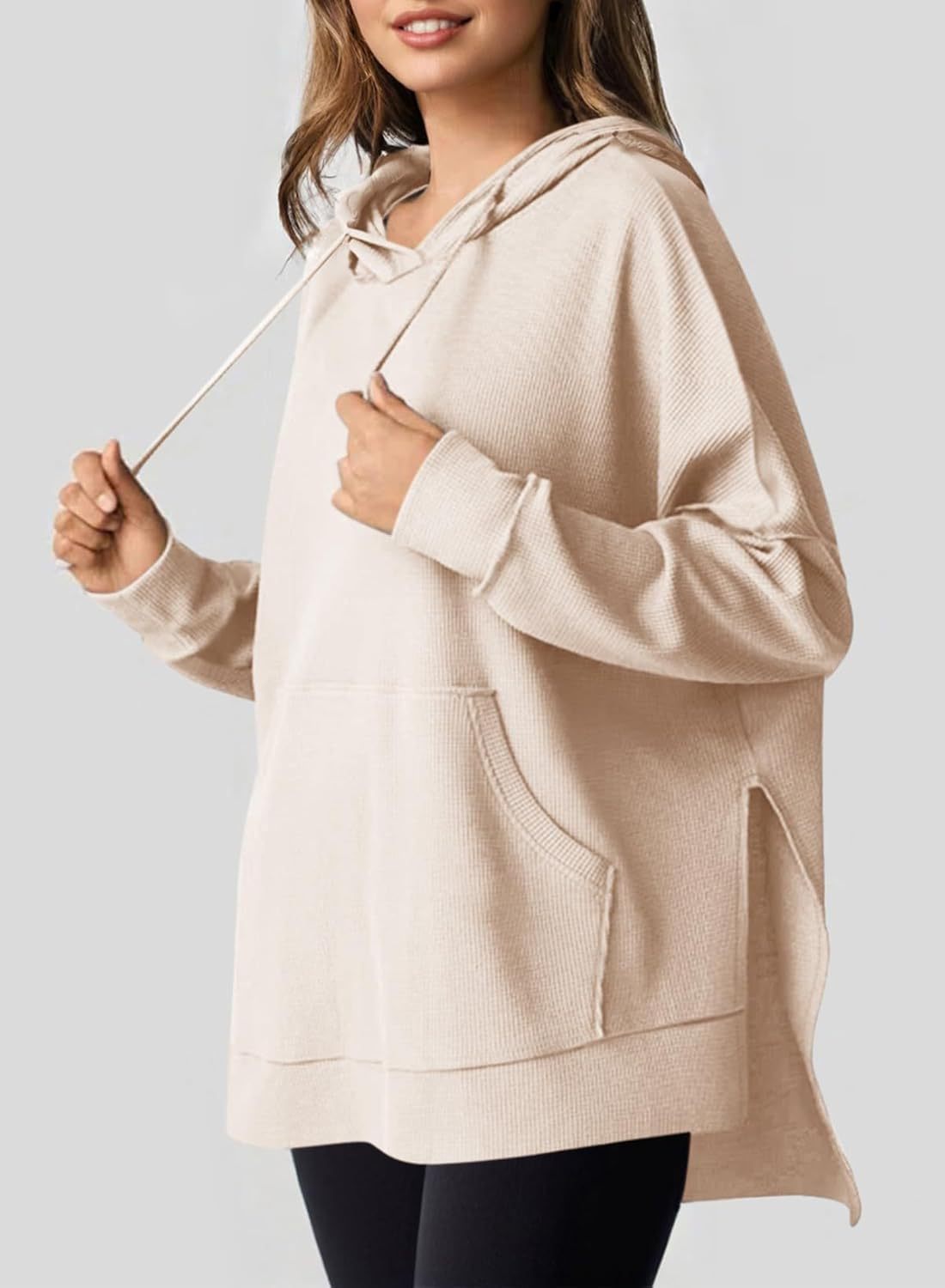 Women's Waffle Knit Hoodie Oversized Side Slit Pocket