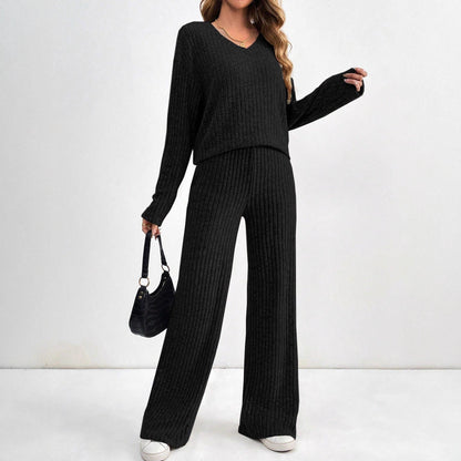 Women's Ribbed Knit V-Neck Top & Pants Two Piece Set