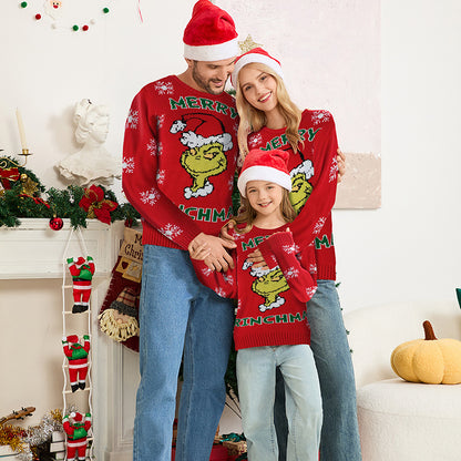 Family Matching Grinch Christmas Sweaters Red Knit Pullover