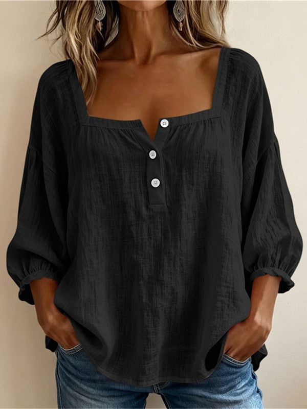 Women's Square Neck Puff Sleeve Button Loose Blouse Top