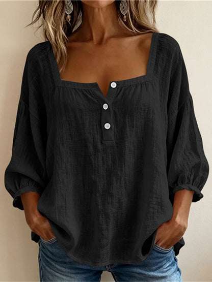 Women's Square Neck Puff Sleeve Button Loose Blouse Top