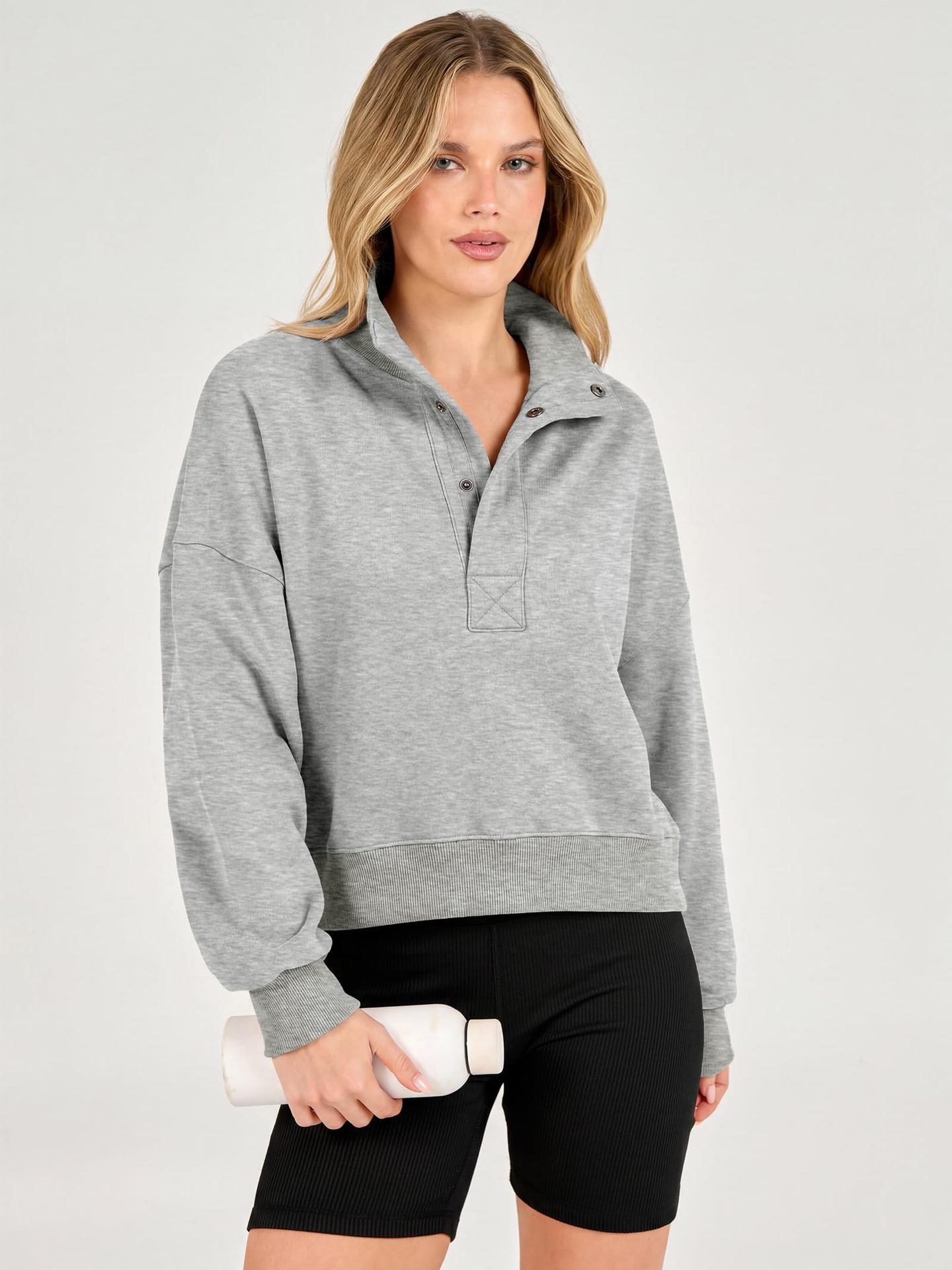 Cropped Henley Sweatshirt Polo Collar Relaxed Fit