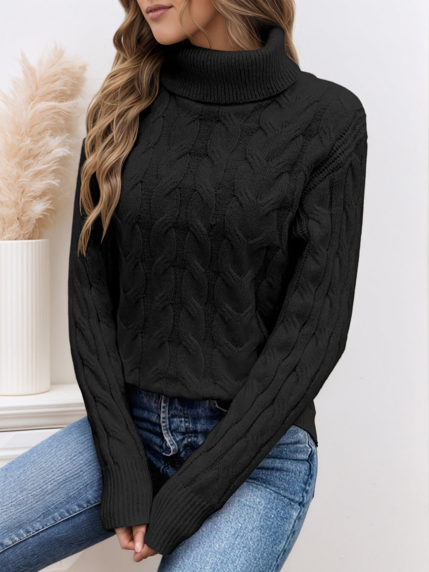 Women's Cable Knit Turtleneck Sweater Pullover