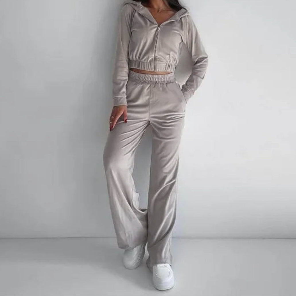 Women's Velvet Zip-Up Hoodie & Pants Two Piece Set