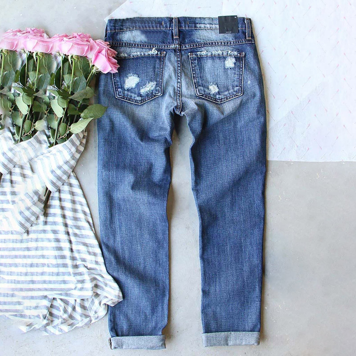 Women's Distressed Straight Jeans Plaid Patch Maple Leaf