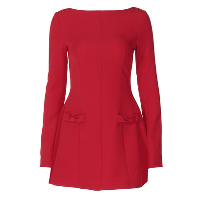 Red Off Shoulder Long Sleeve Mini Dress with Bow Detail