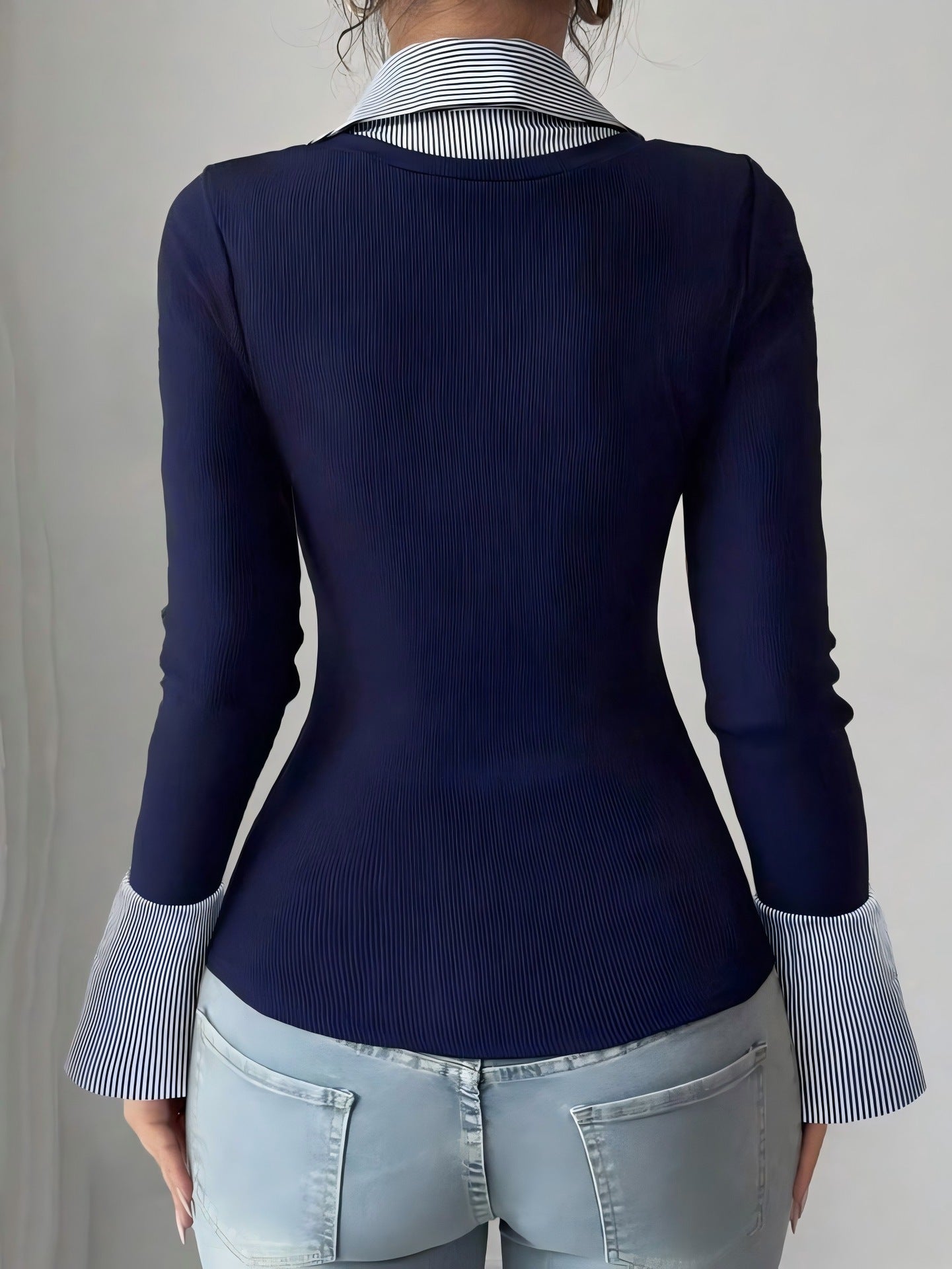Faux Layered Collared Knit Top V Neck Long Sleeve Tee