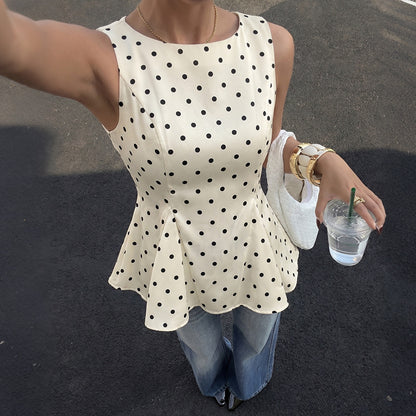 Polka Dot Ruffle Waist Sleeveless Blouse French Vintage Top