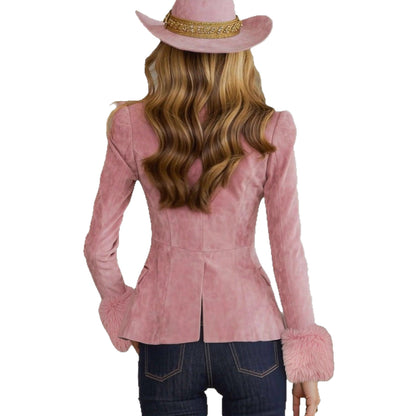 Women's Pink Suede Western Blazer Fur Cuff Jacket