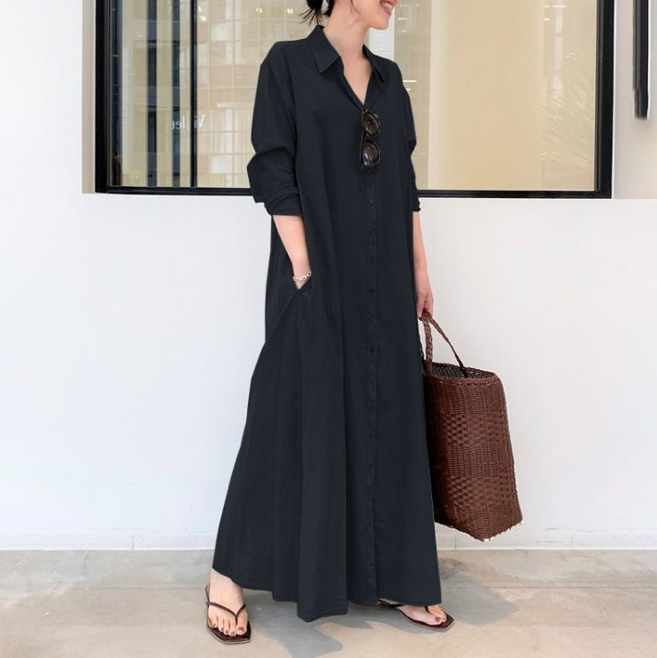 Women's Cotton Linen Maxi Shirt Dress Long Sleeve Pockets