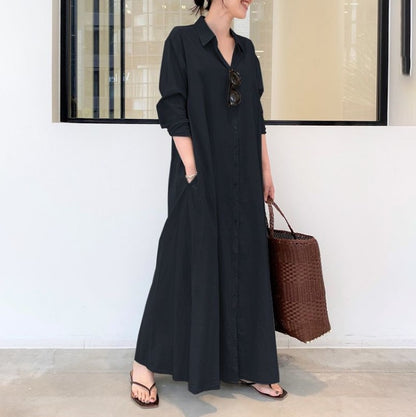 Women's Cotton Linen Maxi Shirt Dress Long Sleeve Pockets