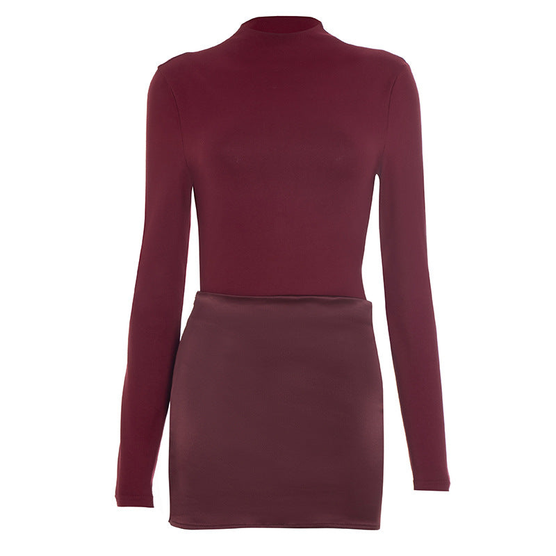 Long Sleeve Crew Neck Bodycon Mini Dress Satin Panel