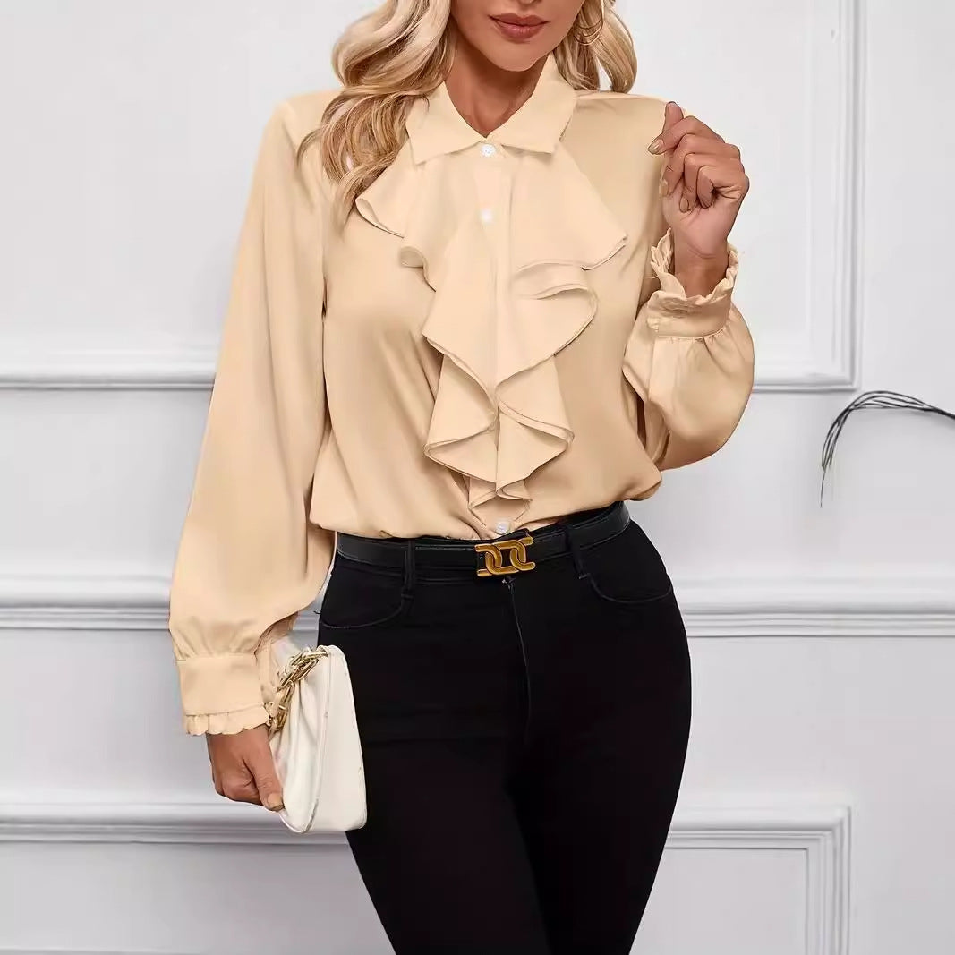 Womens Layered Ruffle Collared Long Sleeve Work Blouse