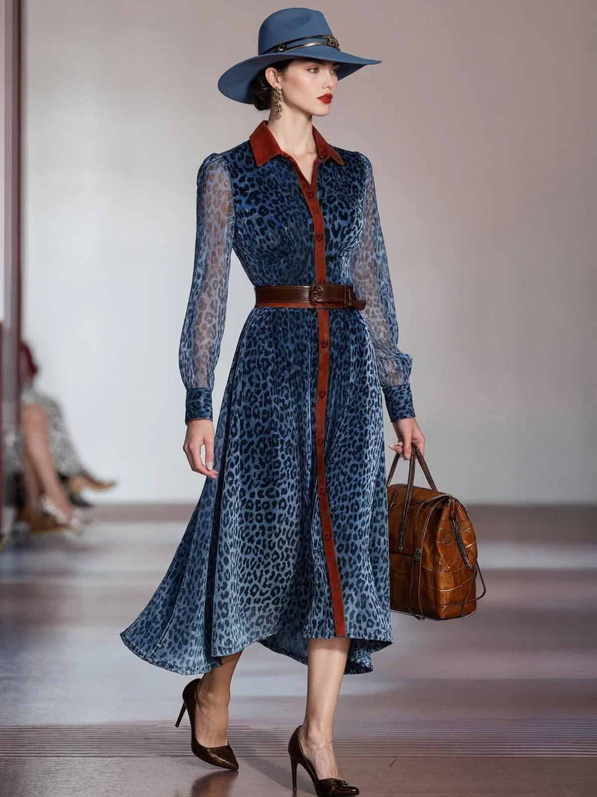 Blue Leopard Print Long Sleeve Shirt Midi Dress