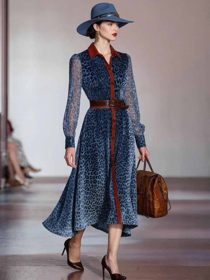 Blue Leopard Print Long Sleeve Shirt Midi Dress