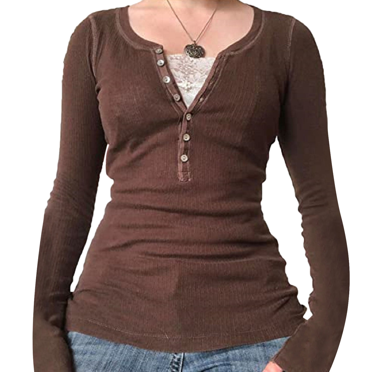 Women's Cotton Lace Trim Henley Long Sleeve Fitted Top