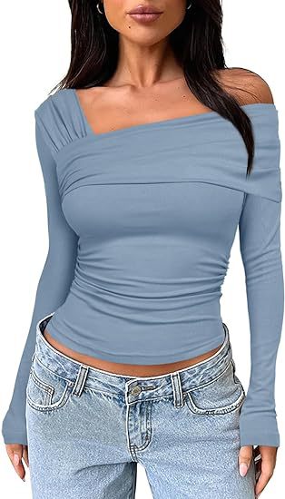 Women's One Shoulder Ruched Long Sleeve Crop Top Y2K