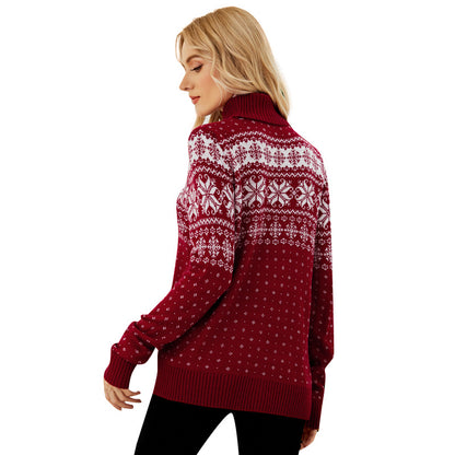 Red & Navy Snowflake Turtleneck Christmas Knit Sweater