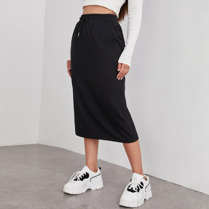Solid Midi Skirt Drawstring Waist Pocket Slit Casual