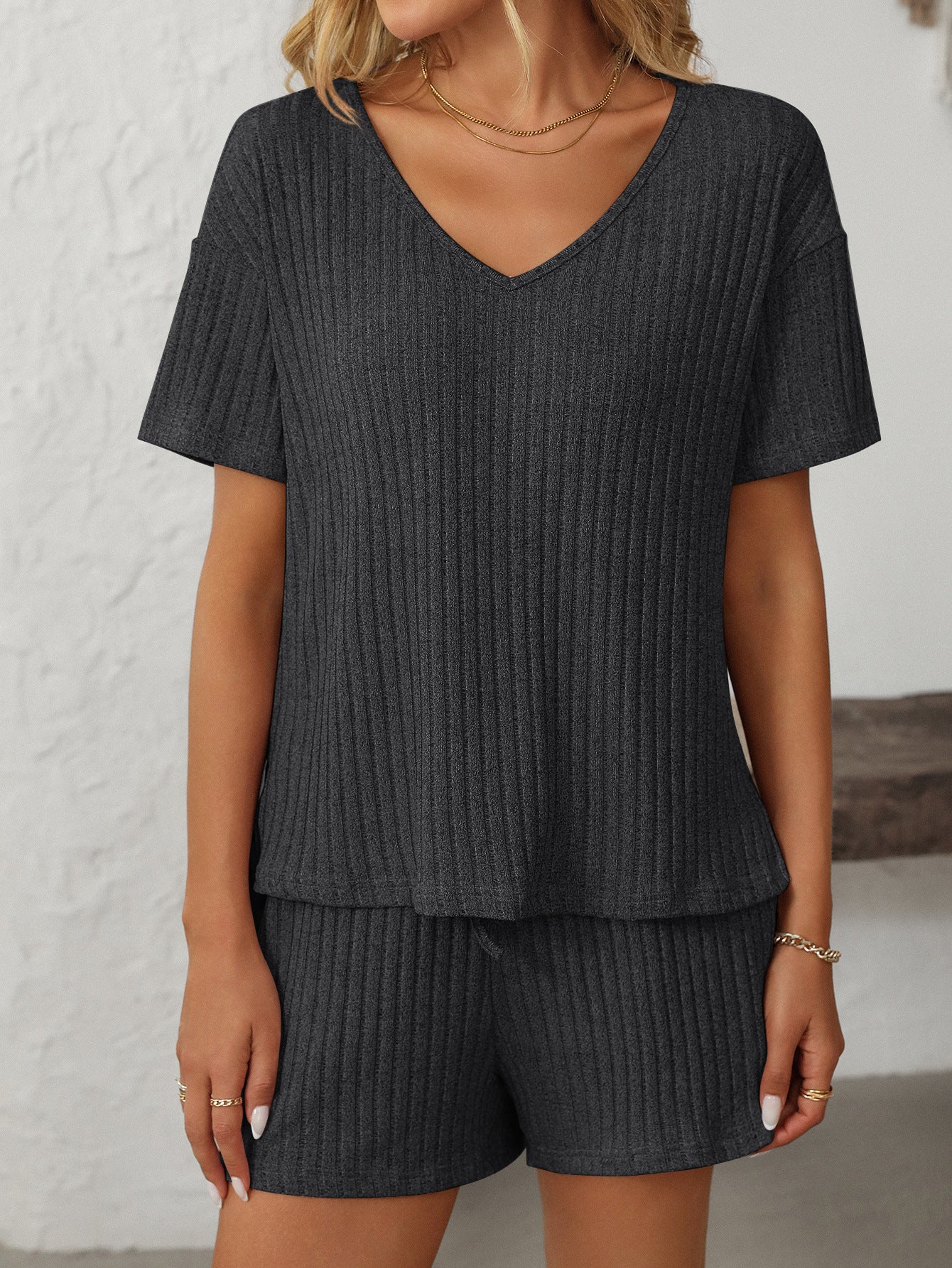 Solid Color Short-Sleeve Pajama Set