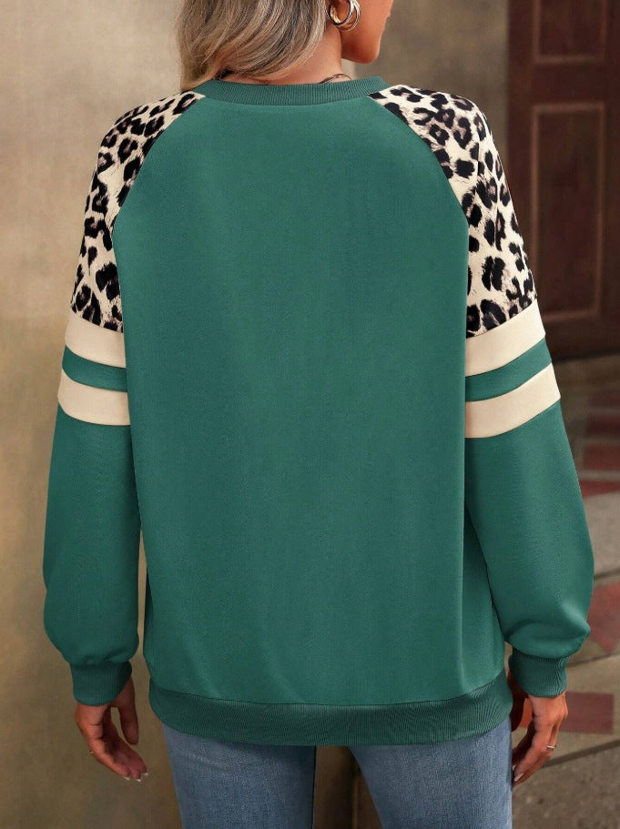 Leopard Colorblock Sweatshirt Women Casual Pullover Top