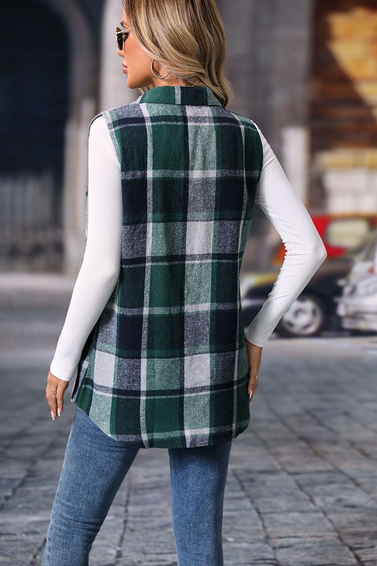 Plaid sleeveless shacket button front longline fit