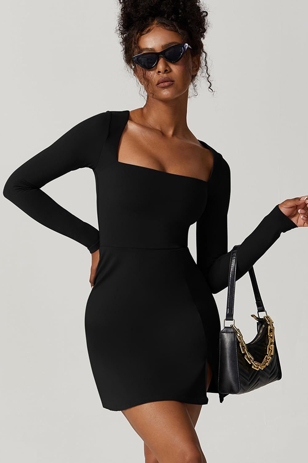 Square Neck Corset Long Sleeve Slit Mini Dress