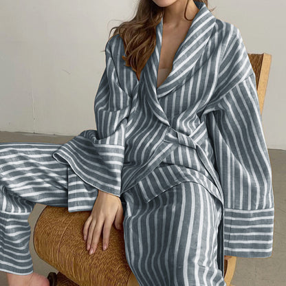 Striped Belted Top and Wide Leg Pants Matching Set