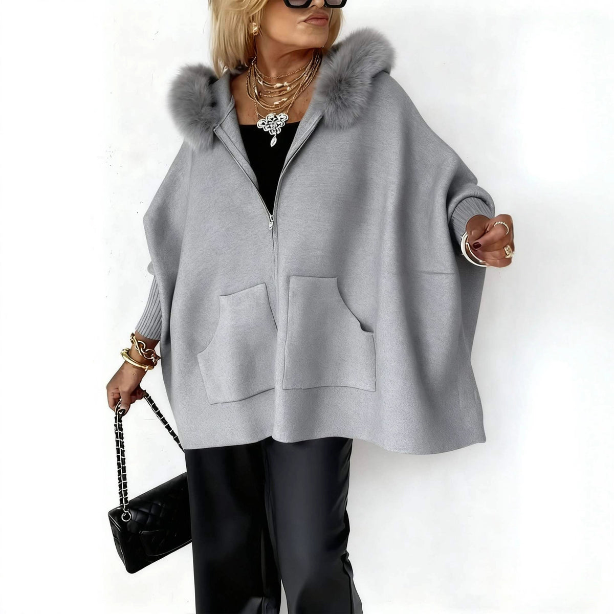 Women's Oversized Faux Fur Collar Zip Up Knit Hooded Jacket