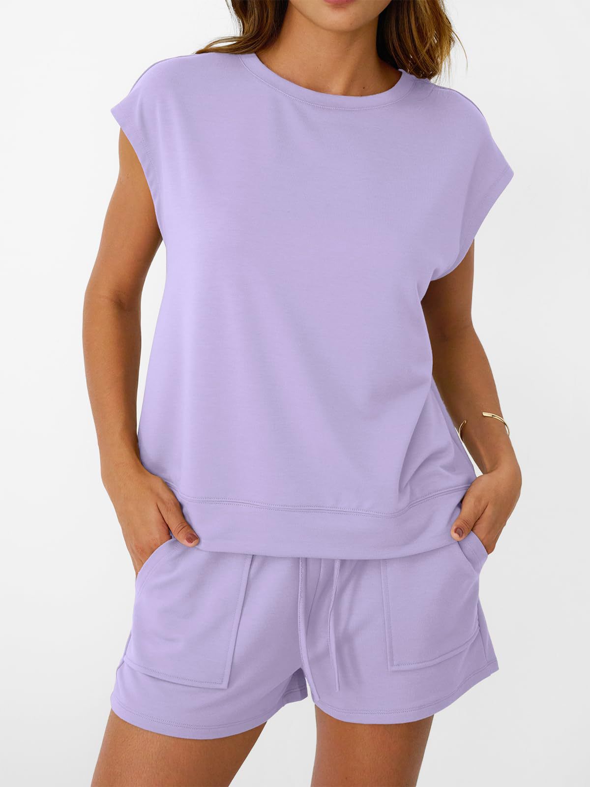Solid Knit Shorts Set Crew Neck Pocket Lounge Outfit
