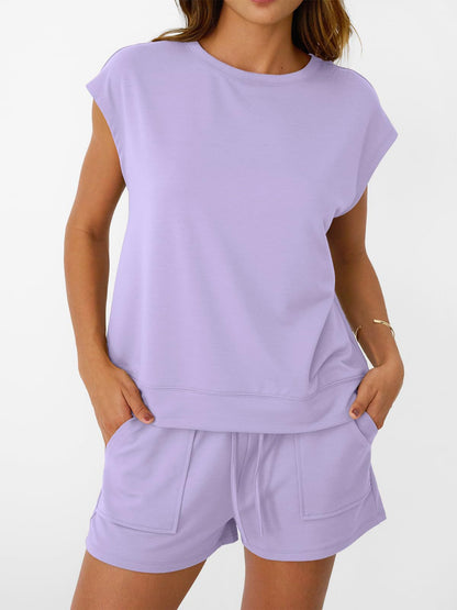Solid Knit Shorts Set Crew Neck Pocket Lounge Outfit
