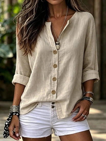 Women's V-Neck Button Front Relaxed Roll-Sleeve Blouse