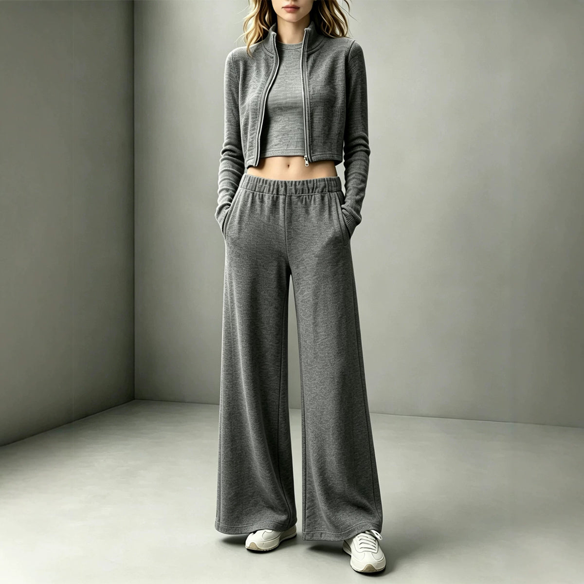 Women's 2 Piece Lounge Set Crop Zip Up Wide Leg Pants
