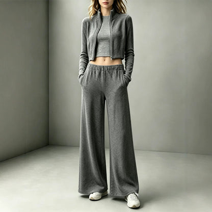 Women's 2 Piece Lounge Set Crop Zip Up Wide Leg Pants