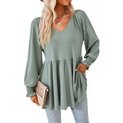 Women's V Neck Long Sleeve Textured Babydoll Tunic Top
