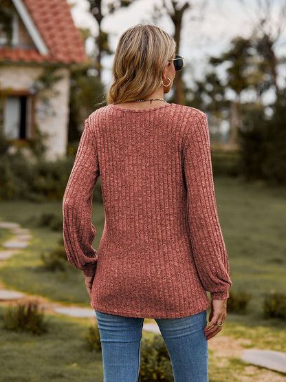Ribbed Button Front Long Sleeve Knit Top for Women