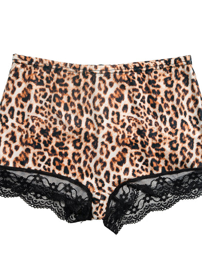 Leopard Print Lace Trim Boyshorts Stretchy Mid Rise Shorts