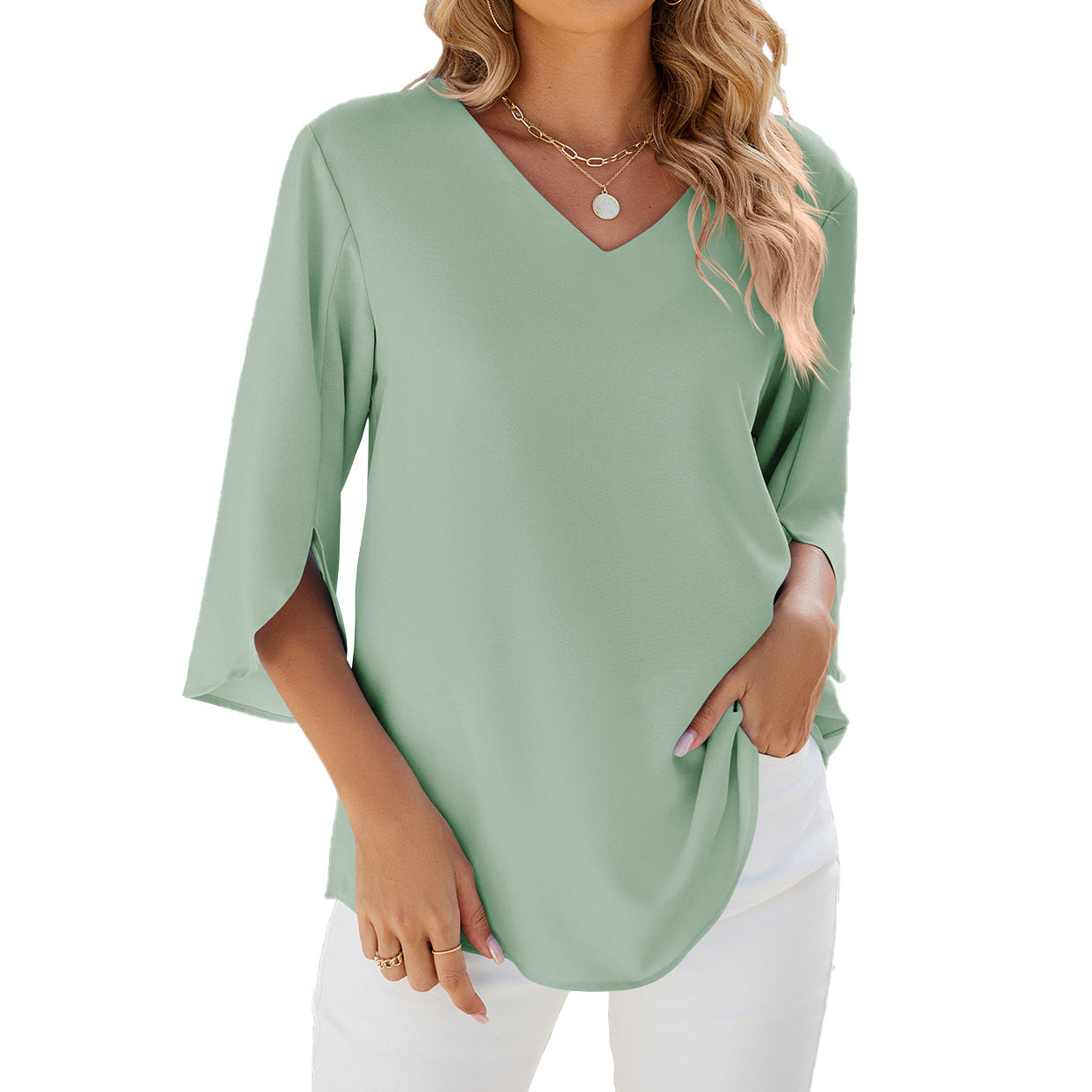 Solid Chiffon Blouse V Neck Loose Fit Custom Top