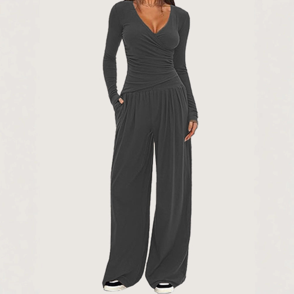 Women's 2 Piece V Neck Wide Leg Pants Lounge Set