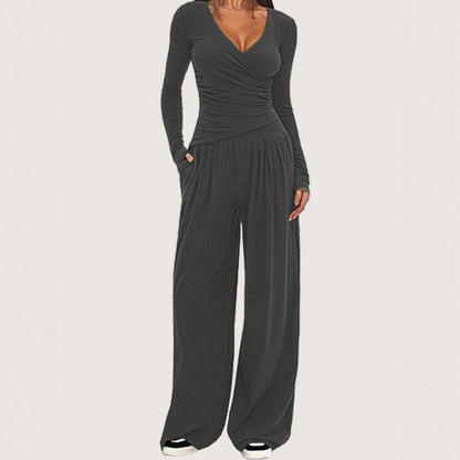 Women's 2 Piece V Neck Wide Leg Pants Lounge Set