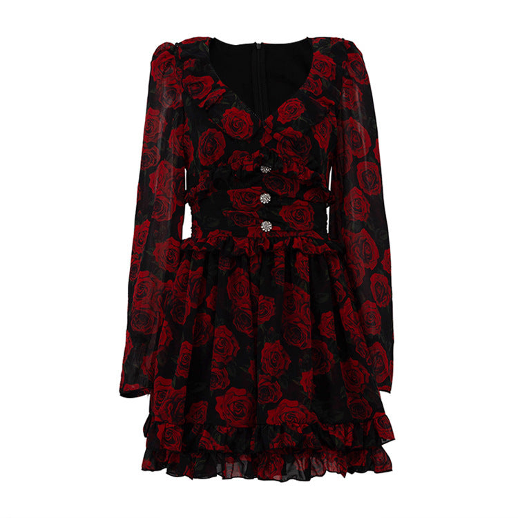 Floral V-Neck Long Sleeve Button Front A-Line Mini Dress