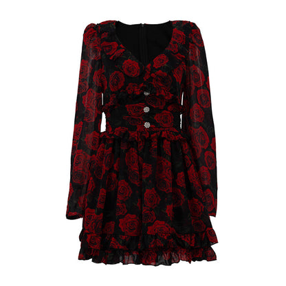 Floral V-Neck Long Sleeve Button Front A-Line Mini Dress