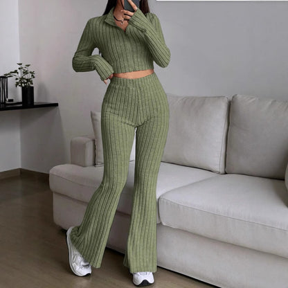 Women's Ribbed Zip-Up Crop Top Flare Pants Two Piece Set