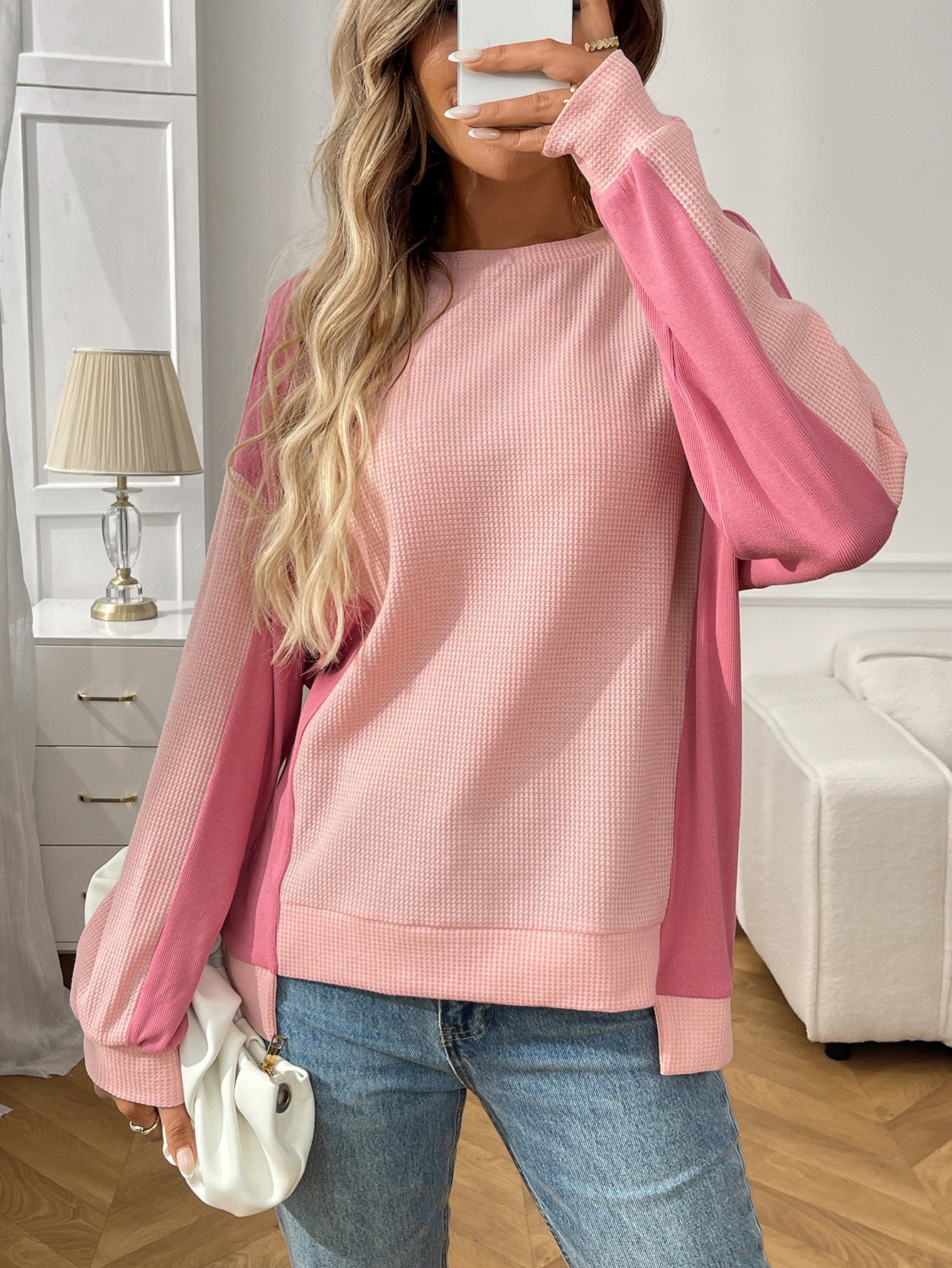 Color Block Waffle Knit Long Sleeve Pullover Top