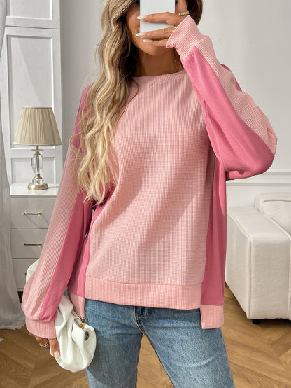 Color Block Waffle Knit Long Sleeve Pullover Top