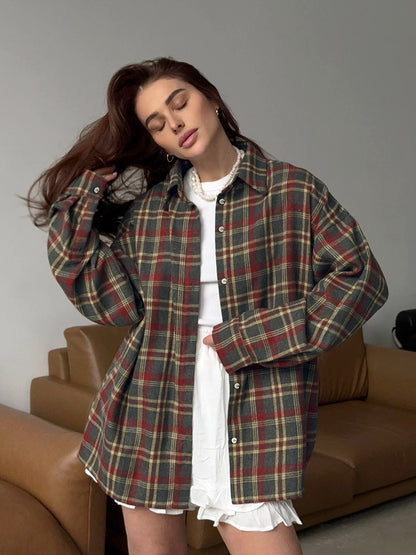 Women's Oversized Vintage Plaid Button Down Shirt