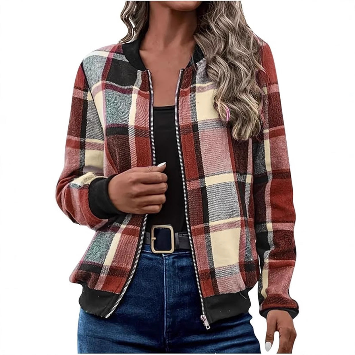 Women's Plaid Zip-Up Bomber Jacket Casual