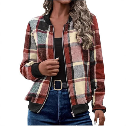 Women's Plaid Zip-Up Bomber Jacket Casual